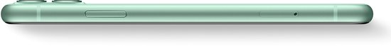 Zijaanzicht van de lichtgroene iPhone 11 met volumeknoppen en aan/uit-knop.