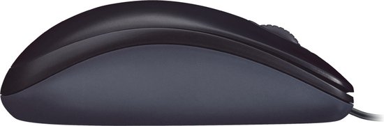 Souris Logitech M90 filaire noire, vue de côté.