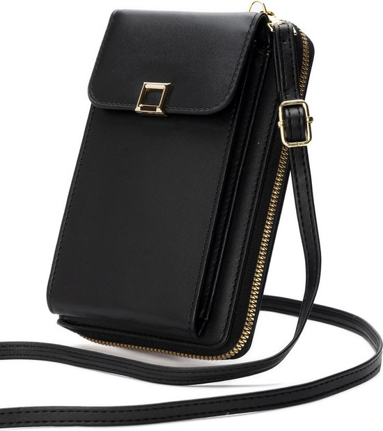 Foto: Telefoontasje met portemonee schoudertas voor telefoon lederen crossbody tas dames zwart