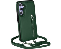 Casemania Hoesje Geschikt voor Samsung Galaxy S23 FE - Groen - Luxe Back Cover met Koord & Rits - Wallet Case met Pasjeshouder - Lanyard Telefoonhoes - Cord Case