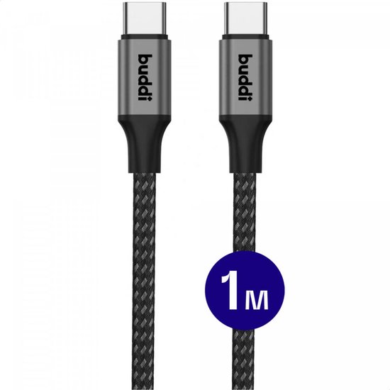 Buddi Flex - USB-C naar USB-C Kabel - 60W Fast Charge 20V/3A - Power Delivery - 480Mbps Dataoverdracht - Gevlochten Nylon - O.a geschikt voor iPhone 15/16/17, Samsung S24-Serie en meer - 1M - Zwart
