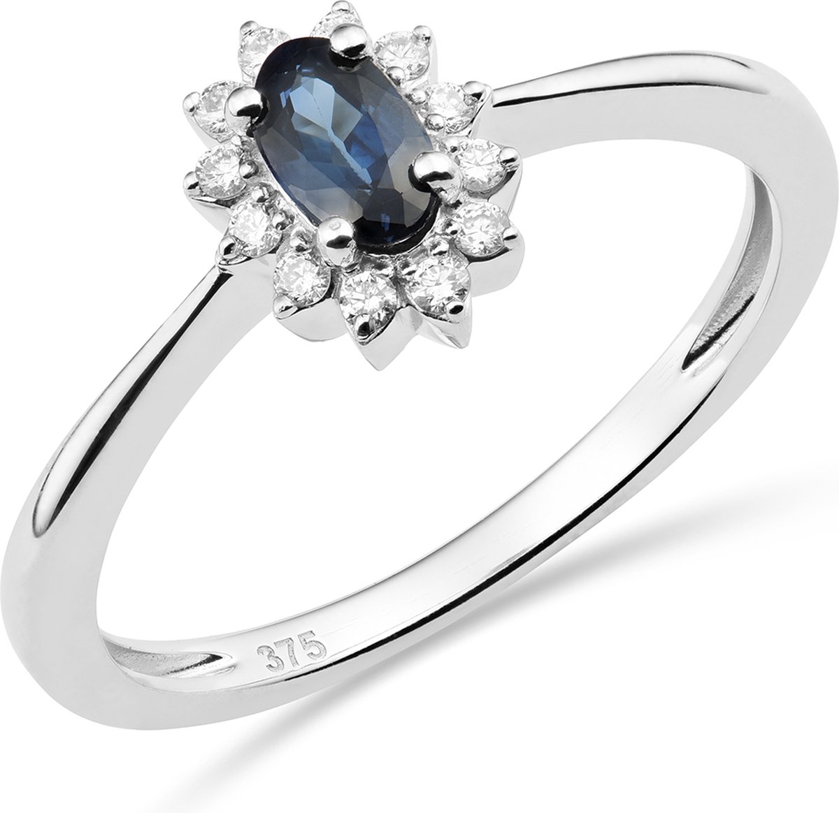 Miore Pure Ring - 9 Karaat - Zilverkleurig - Met Diamanten en een Blauwe Saffier - Handgemaakte Sieraden - Elegant - Elegante Dames Sieraden - Maat 60