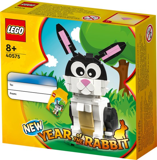 Set LEGO 'Nouvel An du Lapin' 40575 avec un lapin LEGO noir et blanc aux longues oreilles sur un socle vert avec un arbre.