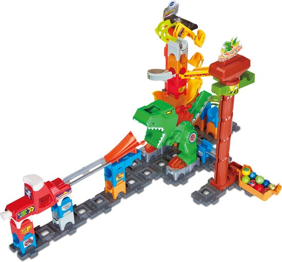 Kleurrijke knikkerbaan met groene dinosaurus, rode lanceerder, elektrische lift en 'Marble Rush' logo.