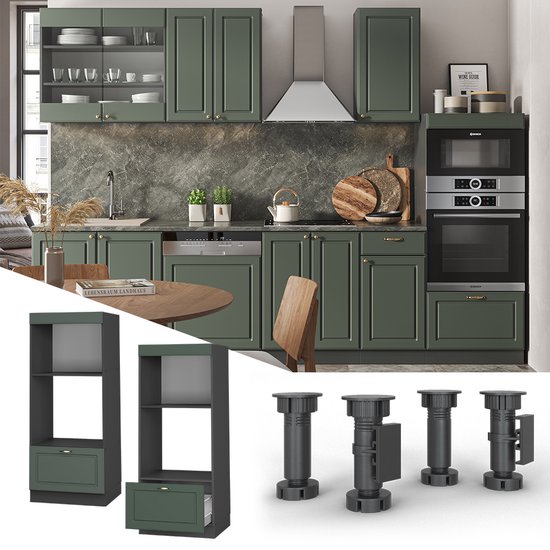 Vicco Armoire à micro-ondes Fame- Line, Vert- Or Maison de campagne/Anthracite, 60 cm ouvert