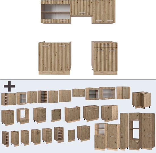 Vicco Elément de cuisine complet R- Line, Chêne artisanal/Chêne Gold Kraft/Chêne doré puissant, 200 cm sans plan de travail
