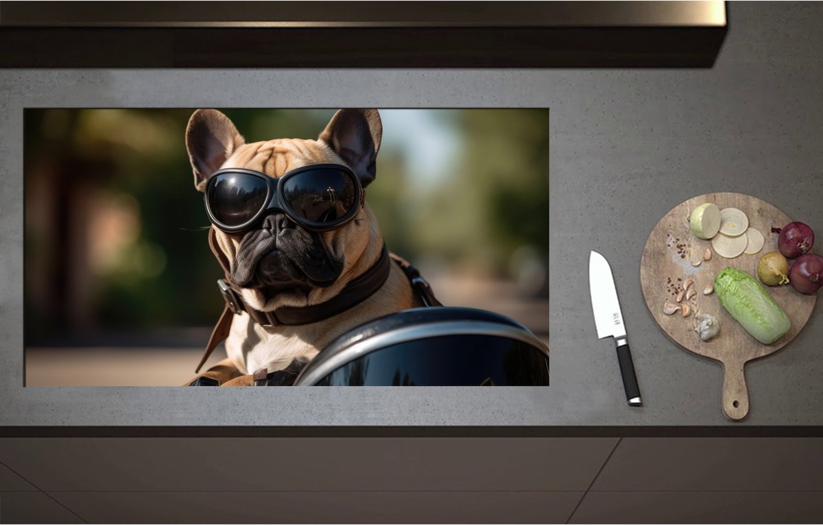 Inductieplaat Beschermer - Bulldog Hond met Zonnebril Rijdend op Motor - 95x51 cm - 2 mm Dik - Inductie Beschermer - Bescherming Inductiekookplaat - Kookplaat Beschermer van Wit Vinyl