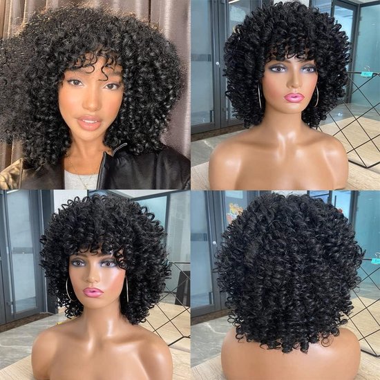 Perruque Synthétique Afro Bouclée Courte - Noir, Bonnet Réglable, 30cm