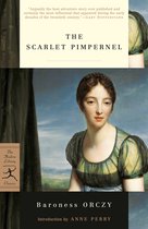 Boek met een schilderij van een vrouw in een groene jurk, met de titel 'The Scarlet Pimpernel'.