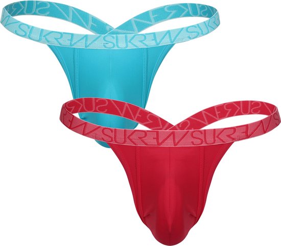 Sukrew Bubble Thong Lagoon Collection Multipack 1 x Scuba Blue + 1 x Deep Coral - Size XS - MAAT XS - Heren Ondergoed - String voor Man - Mannen String