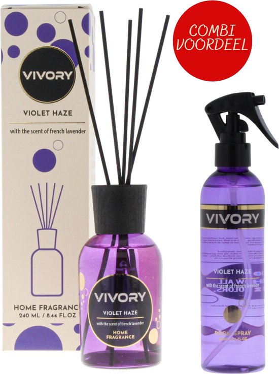 Vivory Luxe Geurstokjes 240ml & roomspray 250ml met de frisse geur van French Lavender VOORDEELAANBIEDING uit de Violet Haze collectie