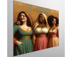 Olieverf dikke dames schilderij | Mollige meesterwerken: Vrolijke dames vereeuwigd in kleurrijke olieverf | Kunst - 100x100 centimeter op Dibond | Foto op Dibond