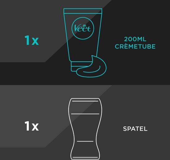 Illustratie van 1x Veet 200ml crèmetube en 1x spatel.