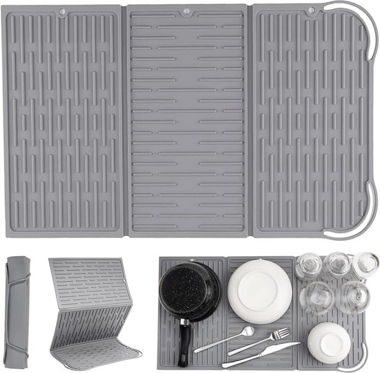 xiruiubao Slanke afdruiprek, 2-delig, barmat van siliconen, antislip, droogmat voor servies, kopjes, flessen, snijplanken, gootsteenorganizer, zwart