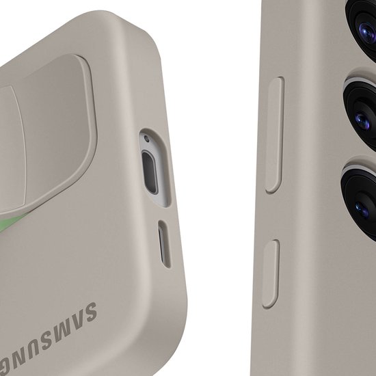 Gedetailleerde weergave van de beige telefoonhoes met gripband, camera-uitsparingen en zijknoppen.