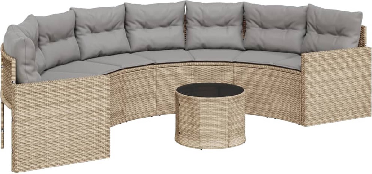 vidaXL - Tuinbank - met - tafel - en - kussens - halfrond - poly - rattan - beige