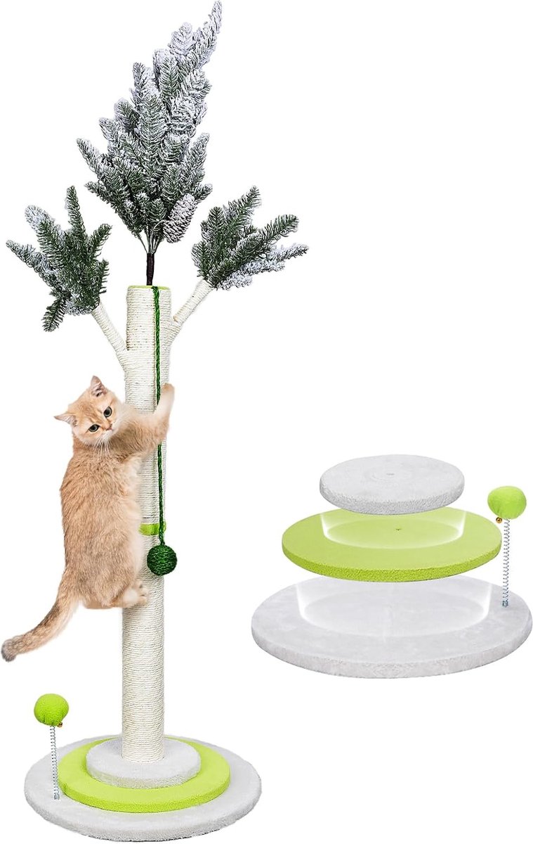 Krabpaal voor katten, 130 cm hoogte, staande krabpaal met hangende bal, grote krabpaal, natuurlijk sisaltouw, krabpalen voor katten in huis, wit