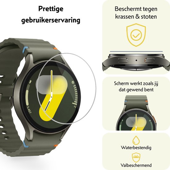 Samsung Watch 7 (44mm) met afbeeldingen en tekst over bescherming tegen krassen en stoten, waterbestendigheid en valbescherming.