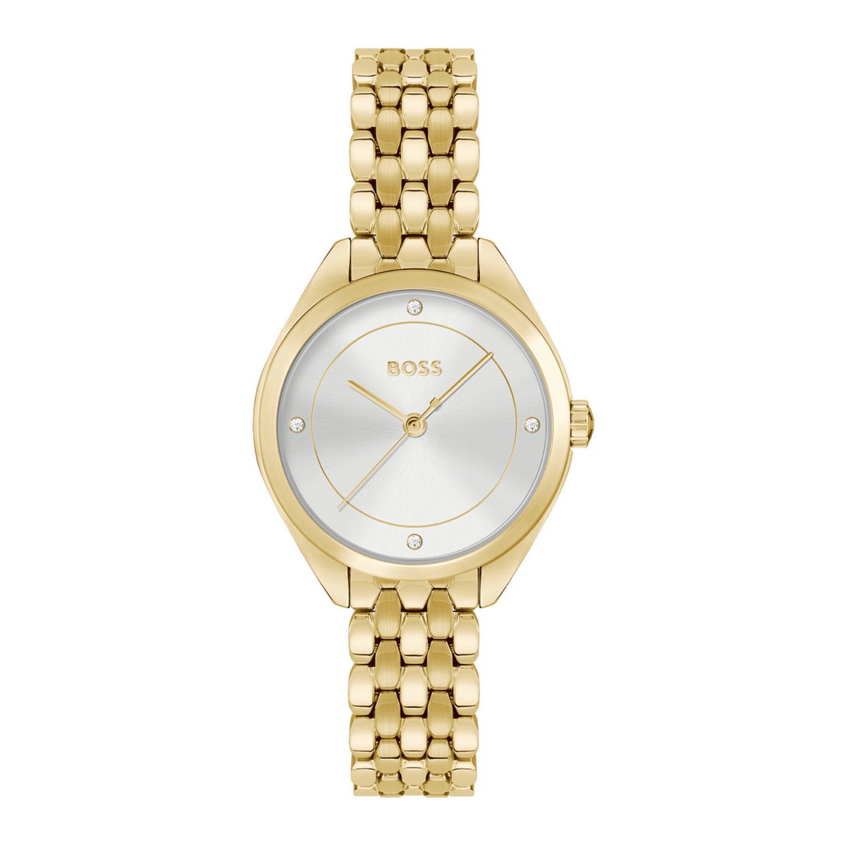 BOSS HB1502733 MAE Dames Horloge - Mineraalglas - Staal - Goudkleurig - 30 mm breed - Quartz - Vouw-Vlindersluiting - 3 ATM (spatwater)