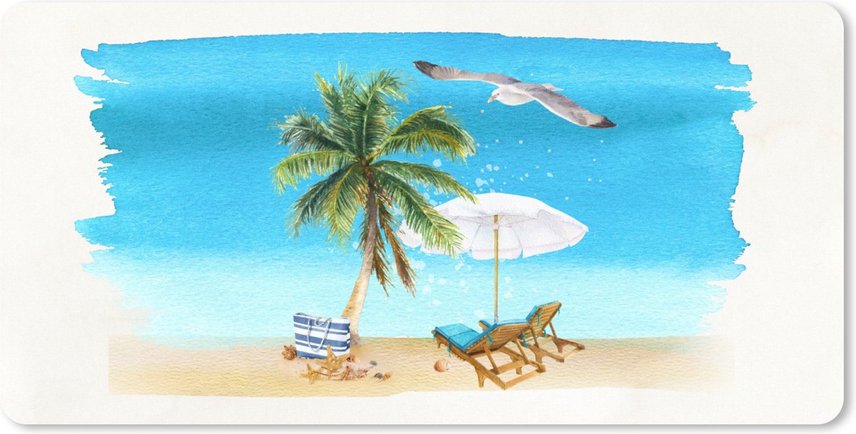 Muismat XXL - Bureau onderlegger - Bureau mat - Strandstoel - Parasol - Vogel - Waterverf - 100x50 cm - XXL muismat