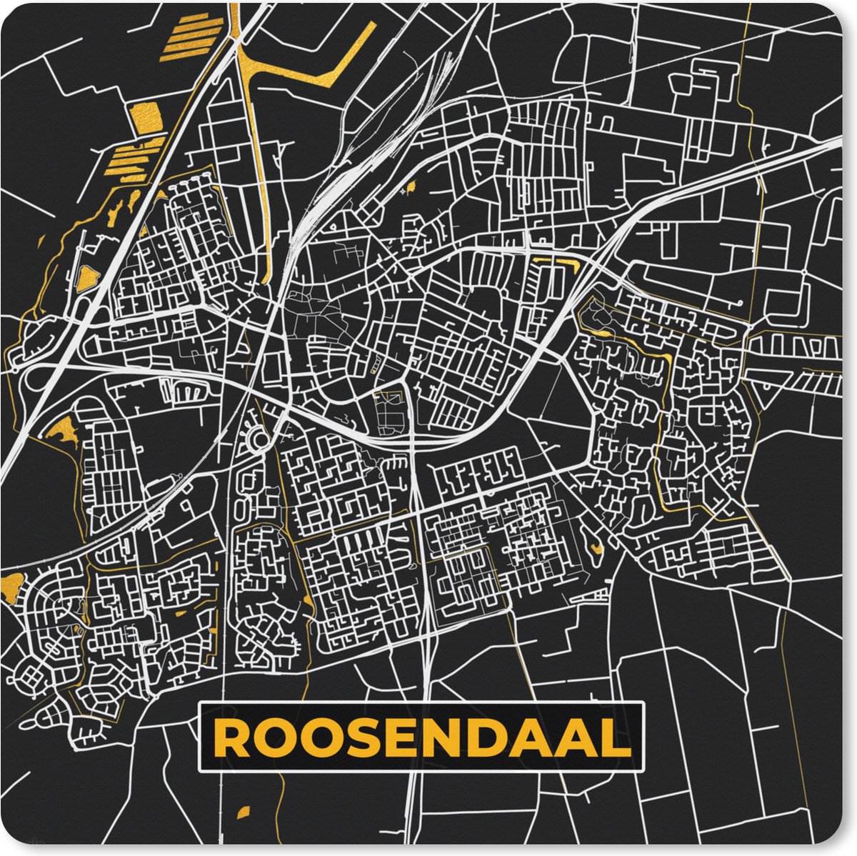 Muismat XXL 40x40 cm - Bureau onderlegger - Bureau mat Plattegrond - Roosendaal - Goud - Zwart - Bureaumat - Gaming mousepad xl - Bureaulegger groot - Computer deskmat - Stadskaart
