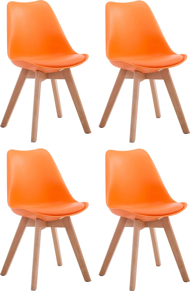 CLP Borneo Set van 4 eetkamerstoelen - Zonder armleuning - Hout frame - Kunstleer - oranje natura