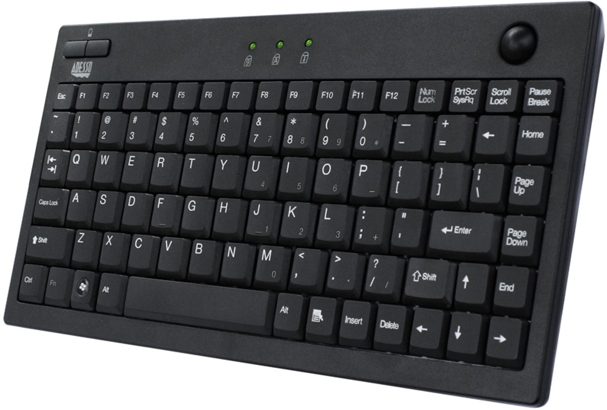 Adesso – AKB-310UB – Mini Toetsenbord met Trackball – USB - 87‑toetsen - Compact - 800 DPI - Zwart