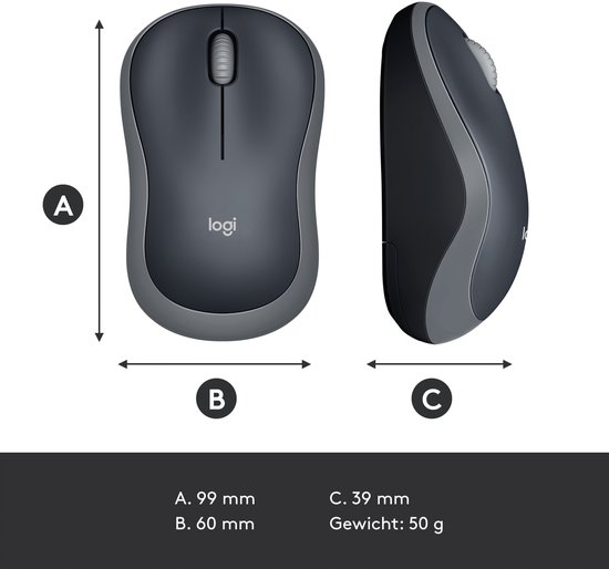 Afmetingen van de zwarte en grijze Logitech M185 muis: A. 99mm, B. 60mm, C. 39mm.