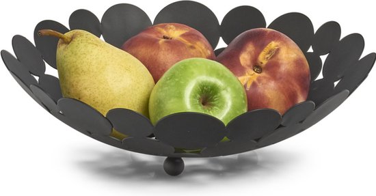 Foto: 1x zwarte ronde fruitschalen stippen metaal 29 cm keukenaccessoires benodigdheden fruitschalen fruitmanden fruitschalen van metaal