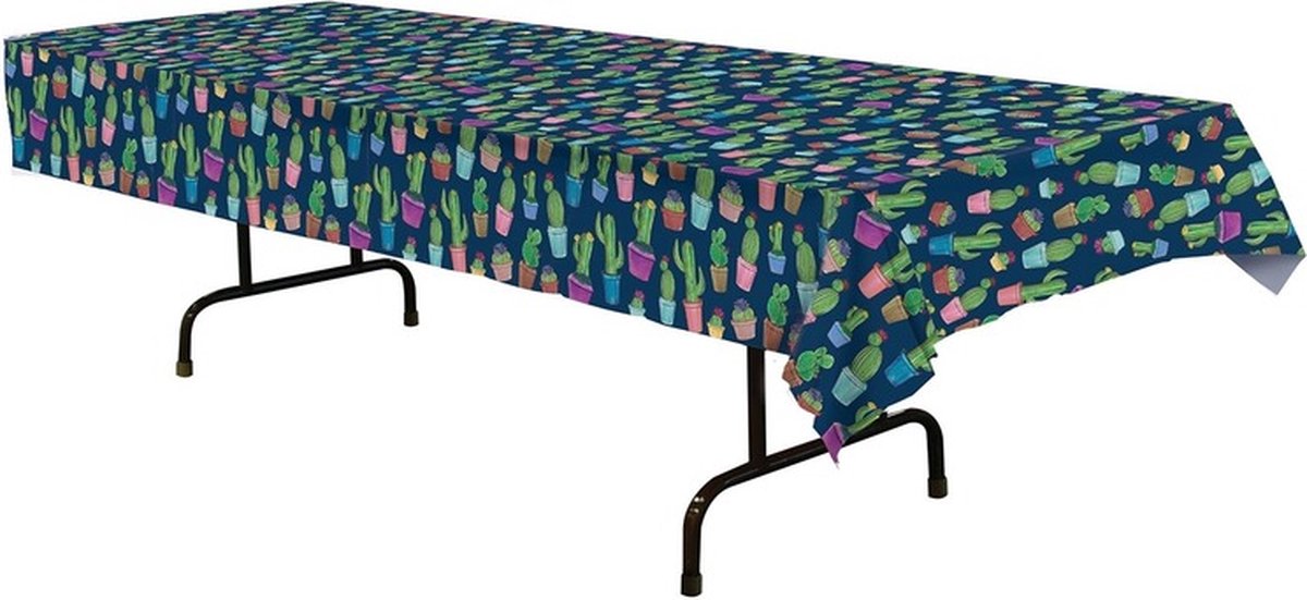 Tafellaken/tafelkleed blauw met cactusprint 137 x 274 cm
