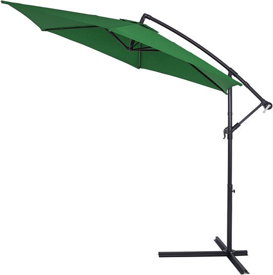 Groene parasol met gebogen mast, gezien vanaf de zijkant.