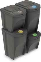 Set van 4 stuks kunststof afvalscheidingsbakken grijs 2x 25 liter en 2x 35 liter - Scheidingsprullenbakken