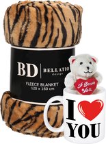 Valentijn cadeau set - Fleece plaid/deken tijger print met I love you mok en beertje - Cadeau vrouw, vriendin, geliefde