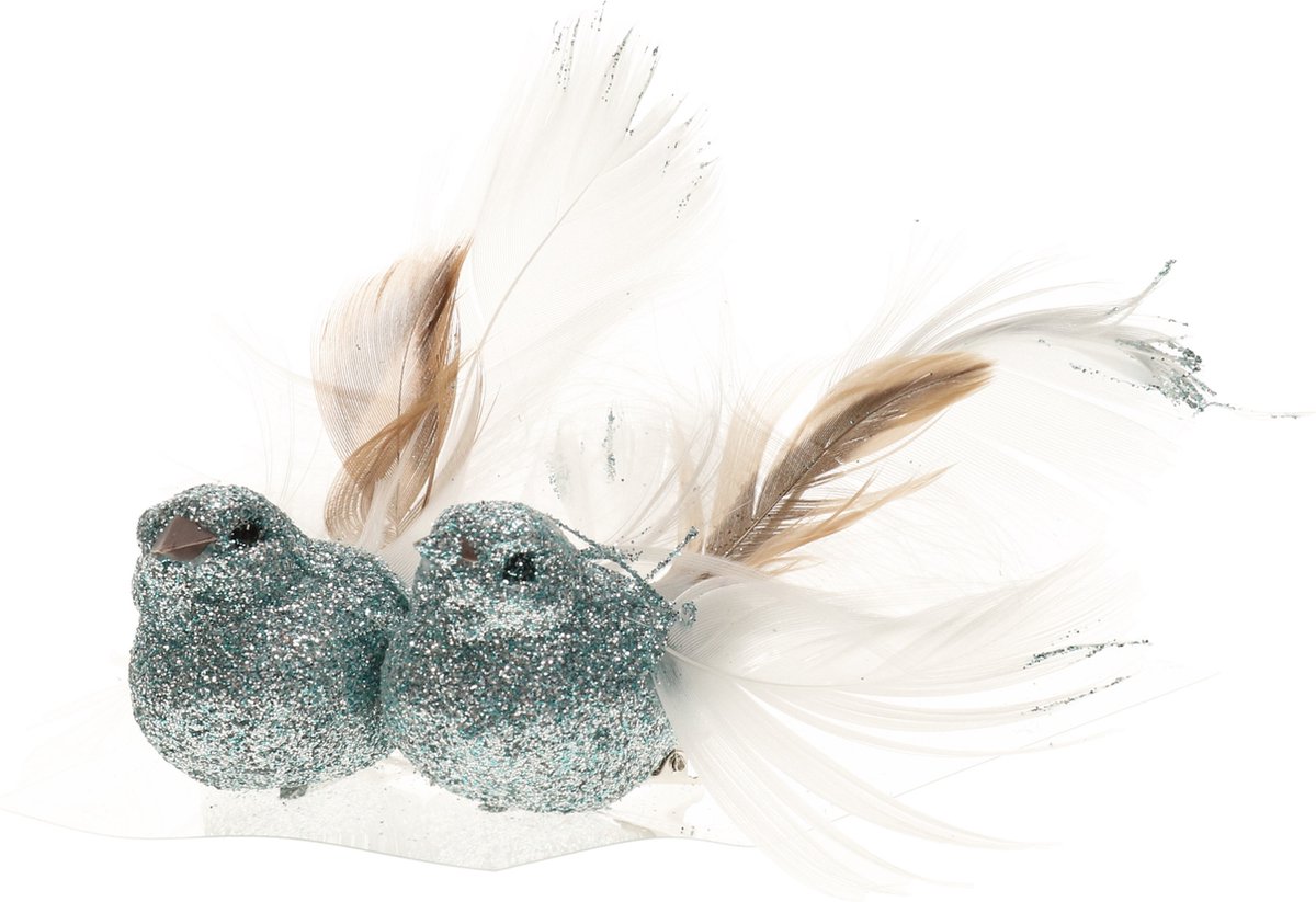 2x stuks decoratie vogels op clip glitter ijsblauw 11 cm - Decoratievogeltjes/kerstboomversiering/bruiloftversiering
