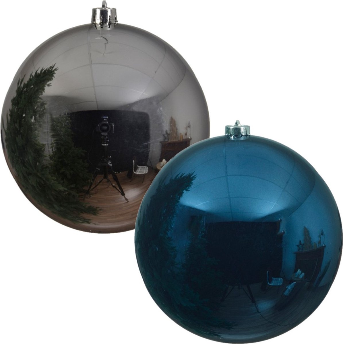 Kerstversieringen set van 6x grote kunststof kerstballen blauw en zilver 14 cm glans - 3x per kleur
