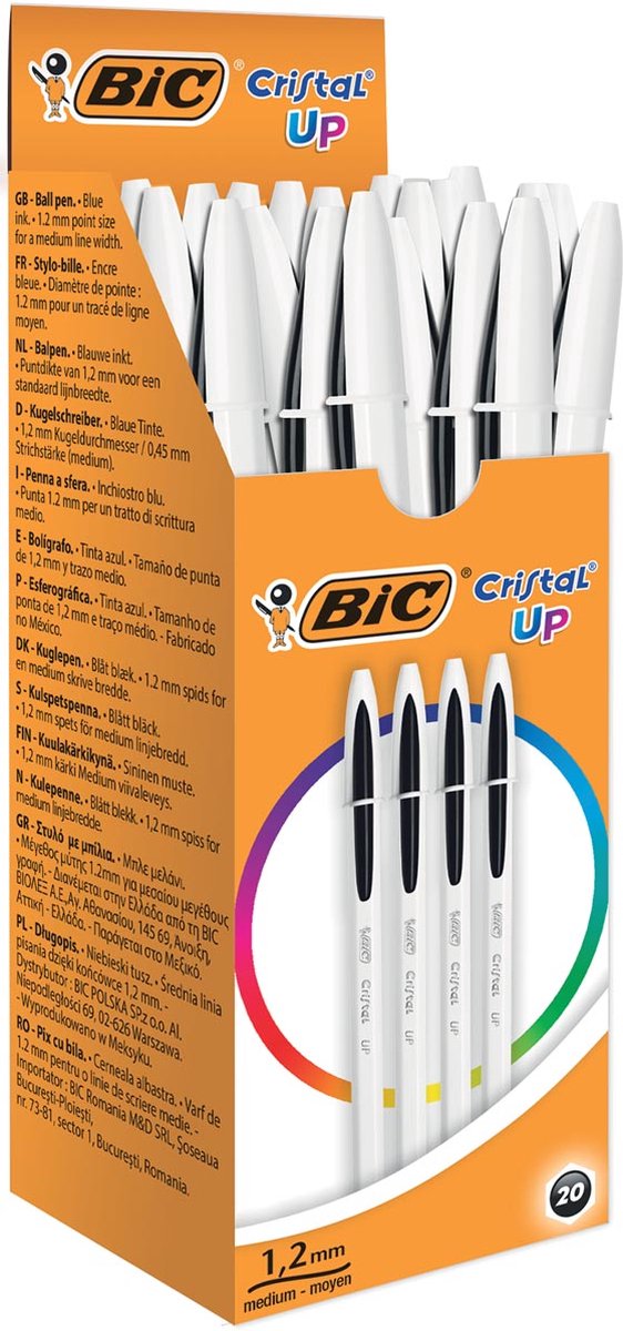 BIC Cristal Up Balpennen - Zwart - Doos van 20 Stuks - Medium Punt 1,2 mm