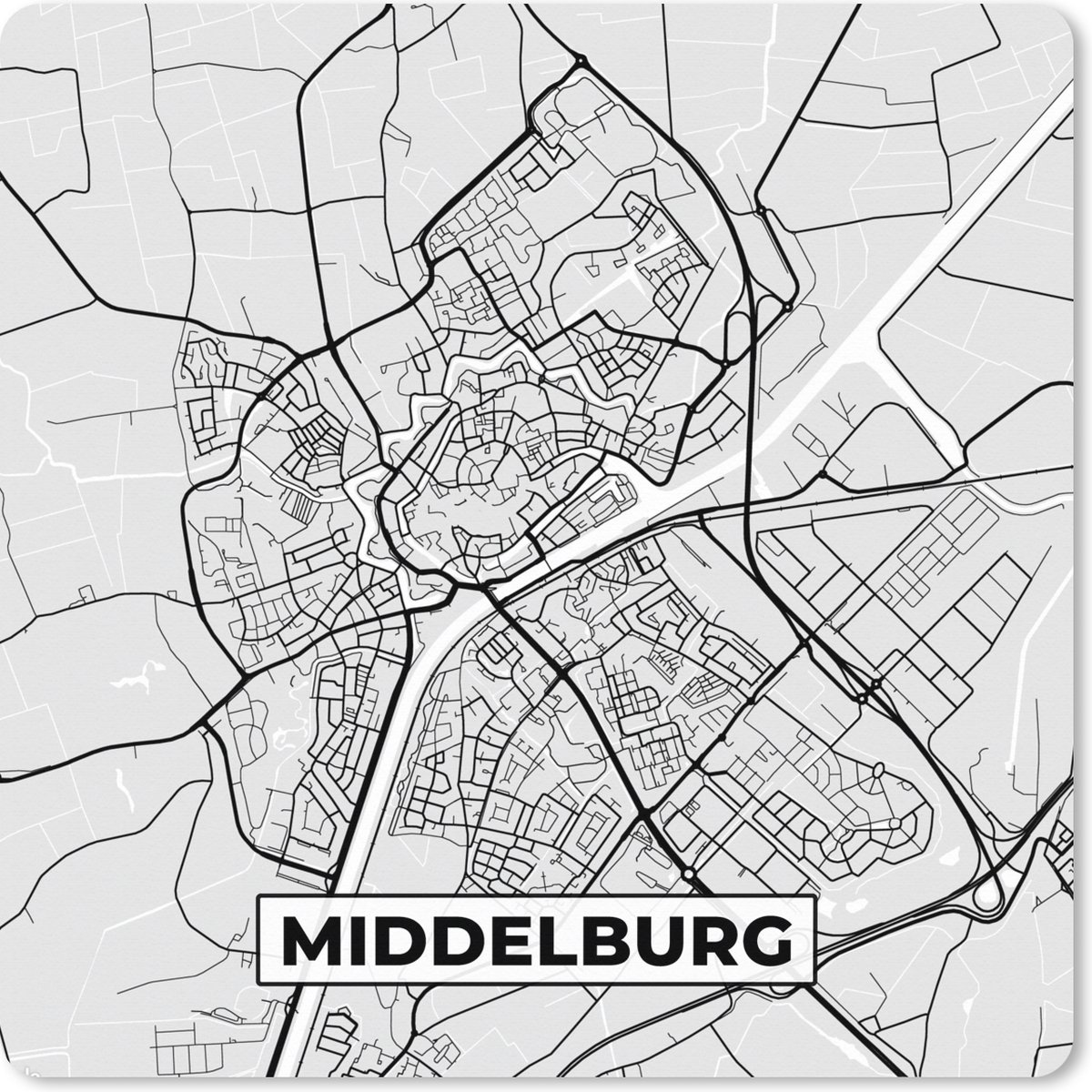 Muismat XXL 50x50 cm - Bureau onderlegger - Bureau mat Stadskaart - Middelburg - Grijs - Wit - Bureaumat - Gaming mousepad xl - Bureaulegger groot - Computer deskmat
