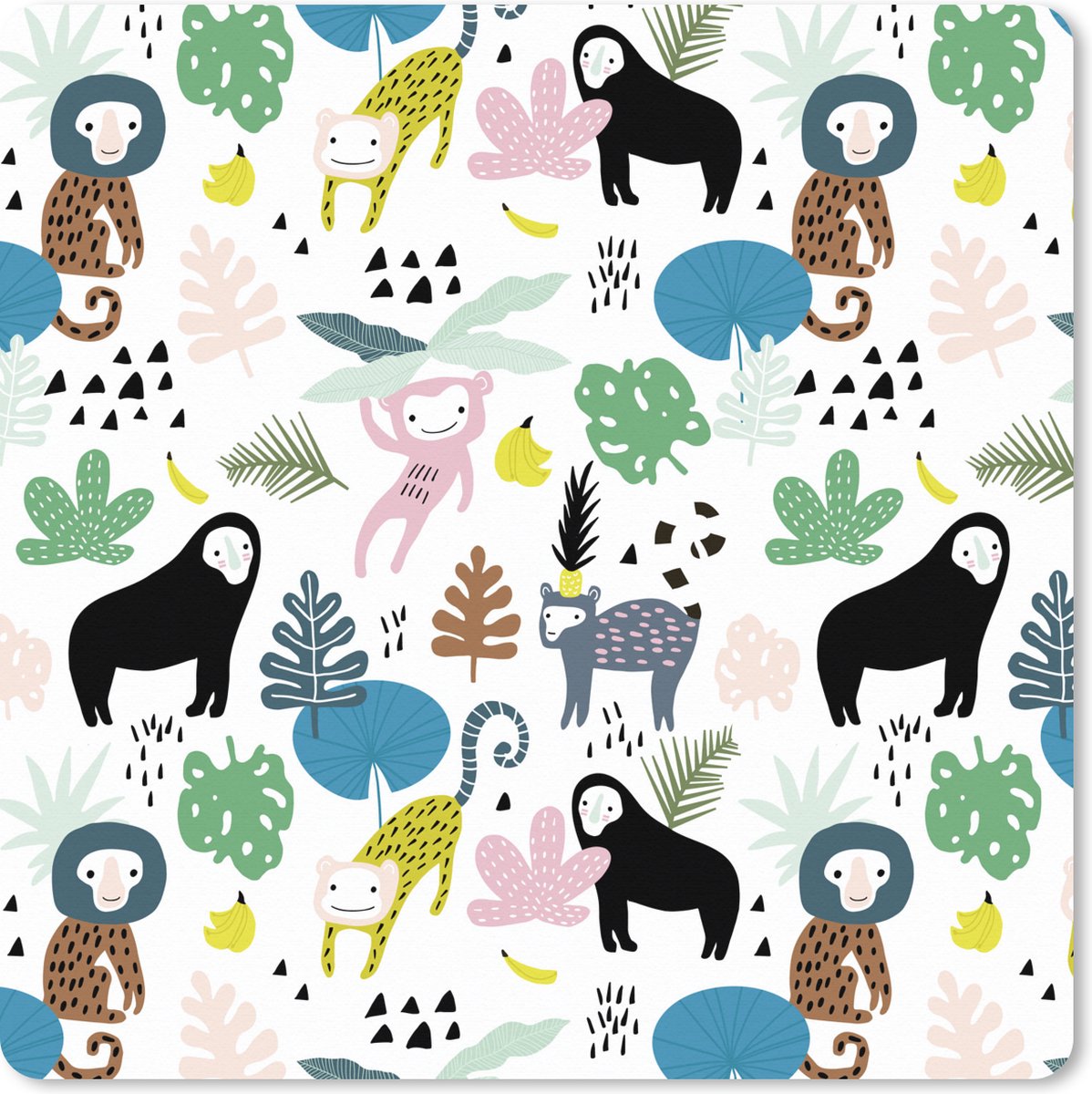 Muismat XXL 80x80 cm - Bureau onderlegger - Bureau mat Jungle - Planten - Aap - Bureaumat - Gaming mousepad xl - Bureaulegger groot - Computer deskmat
