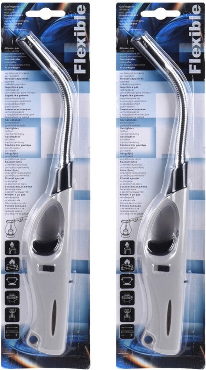 Goedkoopste 2x Flexibele gas/bbq/keuken aanstekers navulbaar - grijs/zwart - 27 cm - Kinderslot - Flexibele hals