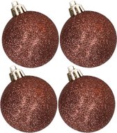 4x stuks kunststof glitter kerstballen donkerbruin 10 cm - Onbreekbare kerstballen - kerstversiering