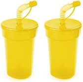Set van 12x stuks afsluitbare plastic drinkbeker geel 400 ml met rietje voor kinderen/peuters