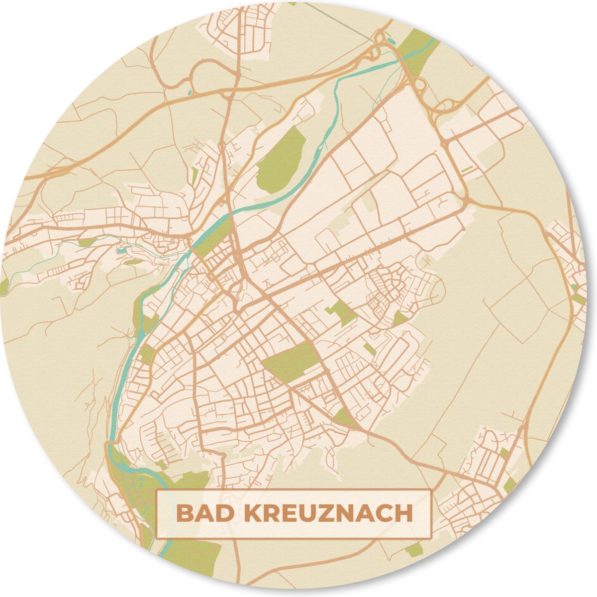 Muismat rond 40x40 cm - Mousepad Plattegrond - Kaart - Bad Kreuznach - Vintage - Stadskaart - Ronde muismatten - Stadskaart