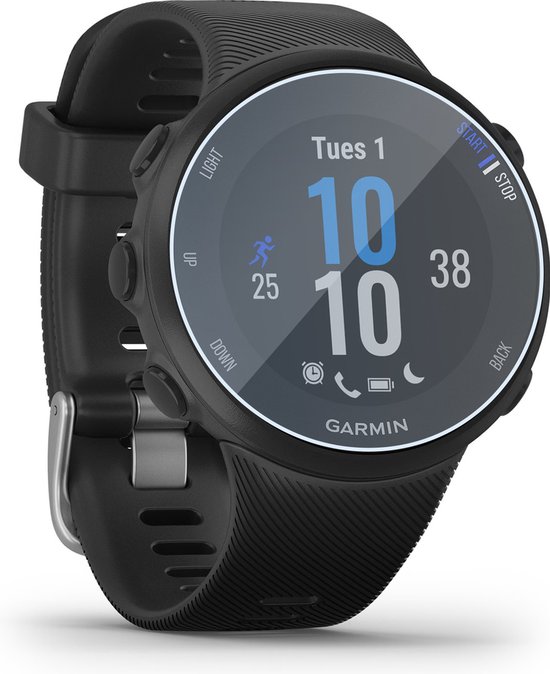 Zwarte Garmin Forerunner 55 smartwatch met zwart bandje.
