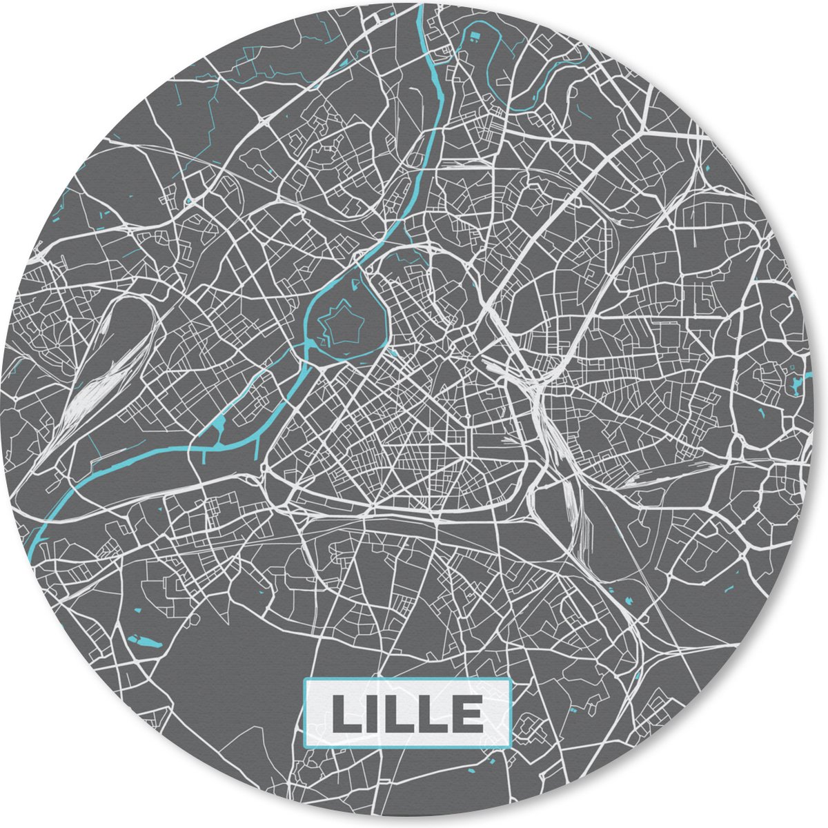Muismat rond 50x50 cm - Mousepad Lille - Frankrijk - Plattegrond - Kaart - Stadskaart - Ronde muismatten - Stadskaart