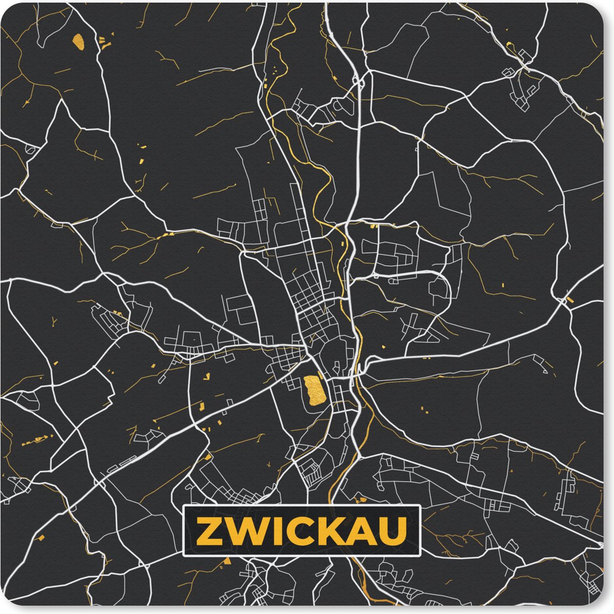 Muismat 20x20 cm - Mousepad Zwickau - Stadskaart - Plattegrond - Kaart - Duitsland - Goud - Muismatten - Stadskaart