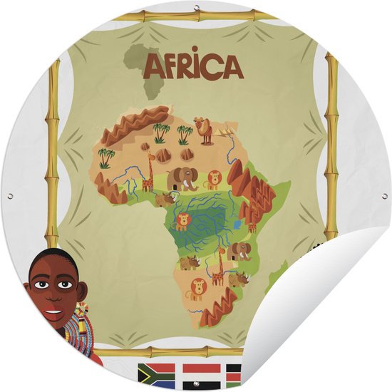 Tuincirkel Een geïllustreerde cartoonkaart van het continent Afrika - 60x60 cm - Ronde Tuinposter - Buiten