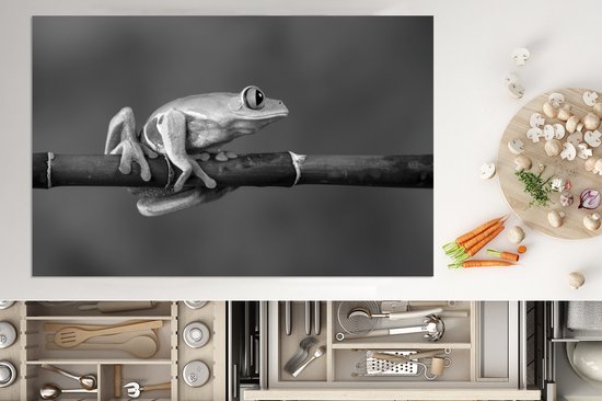 KitchenYeah® Inductie beschermer 80.2x52.2 cm - Roodoogmakikikker op bamboe - zwart wit - Kookplaataccessoires - Afdekplaat voor kookplaat - Inductiebeschermer - Inductiemat - Inductieplaat mat