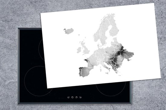 KitchenYeah® Inductie beschermer 81x52 cm - Europakaart in lichtgrijze waterverf - zwart wit - Kookplaataccessoires - Afdekplaat voor kookplaat - Inductiebeschermer - Inductiemat - Inductieplaat mat