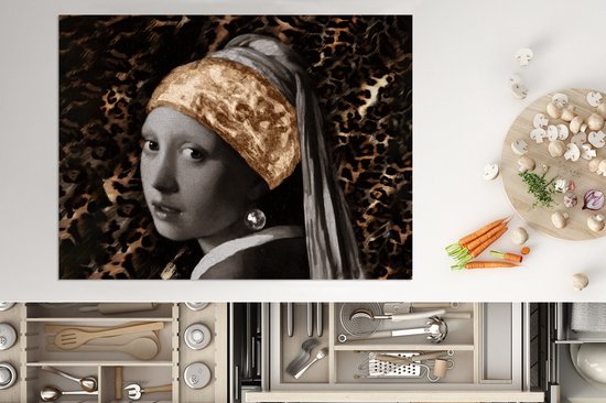 KitchenYeah® Inductie beschermer 71x52 cm - Meisje met de parel - Schilderij - Panterprint - Kookplaataccessoires - Afdekplaat voor kookplaat - Inductiebeschermer - Inductiemat - Inductieplaat mat