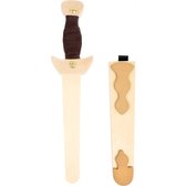 Houten dolk met bruine grip, losse schede met decoratie.